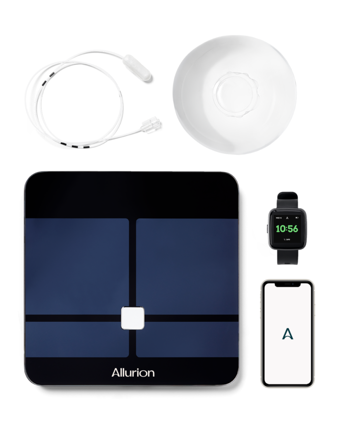 Allurion balloon product — capsule, balloon, app and scale shown vertically